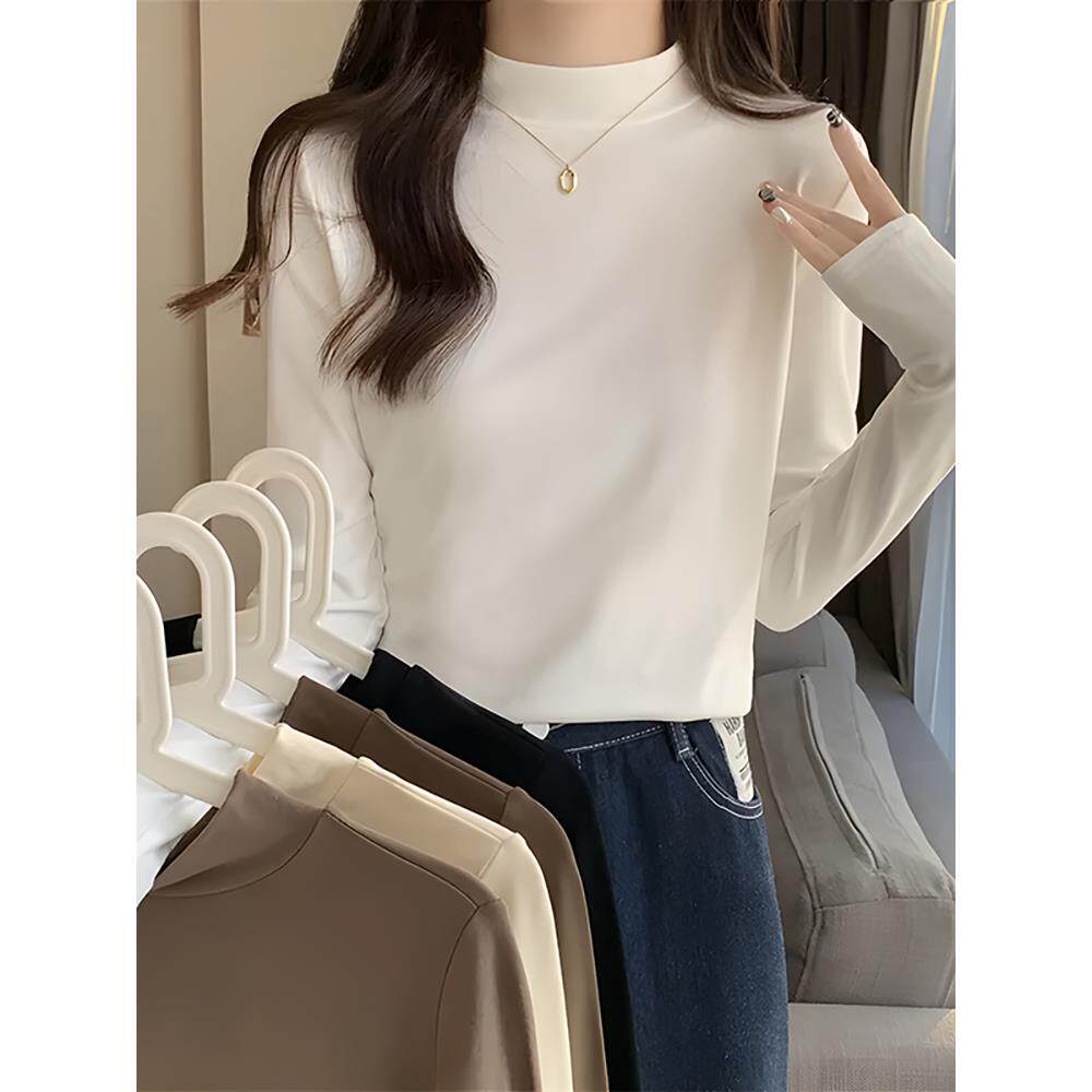 秋冬女士德绒打底衫正肩小立领内搭修身长袖白色T恤半高领上1217k