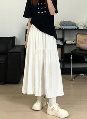 慵懒风白色身裙女夏季薄款大码胖宽松遮胯显瘦中长款a字伞裙0521e