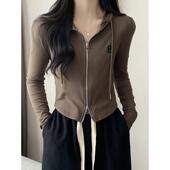 女打底t恤帽衫 修身 新款 春季 2026双拉炼连帽外套长袖 薄款 短款 0207k