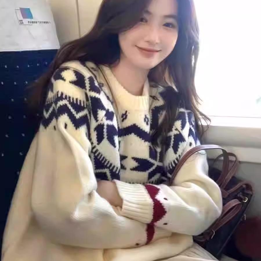 宽松圆领毛衣加厚提花百搭针织打底衫上衣1209k