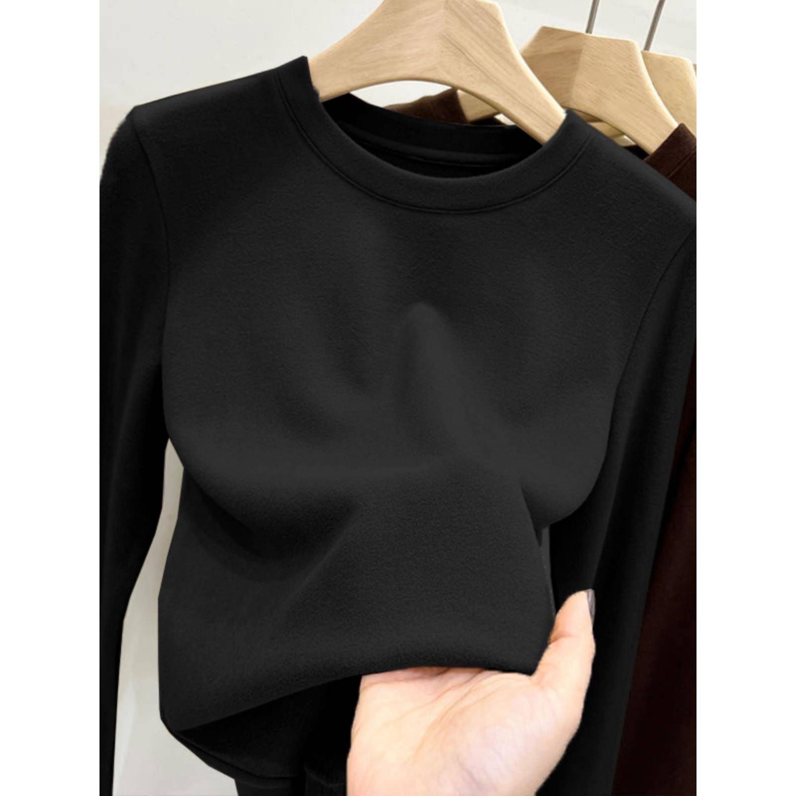 秋冬女士德绒打底衫黑色圆领内搭加加厚保暖大码上衣宽松长1217k