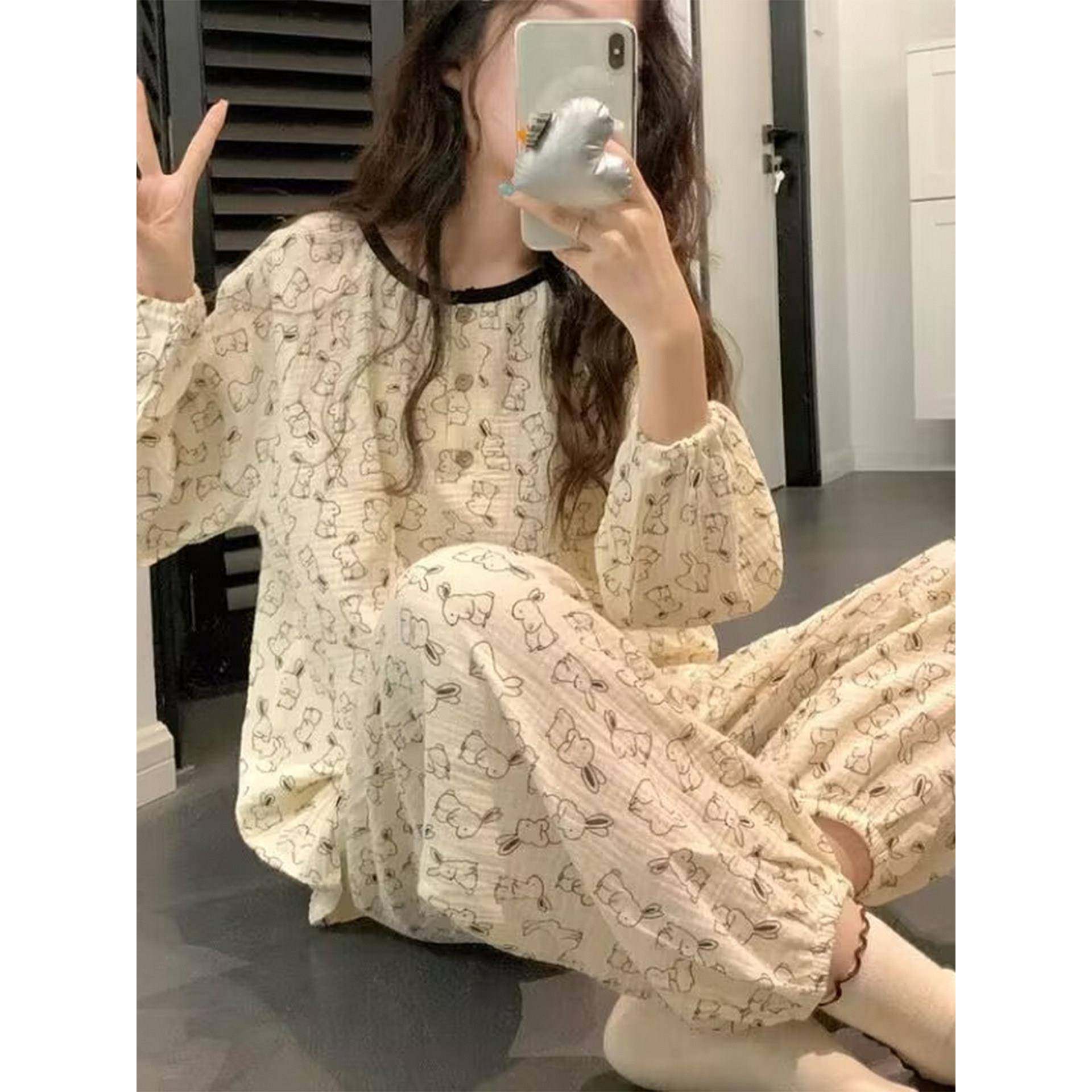 棉质纱布长袖睡衣女春秋季网红ins高级感甜美可爱兔子开衫家0120r,女士内衣/男士内衣/家居服,睡衣/家居服套装,淘宝优惠券,粉丝福利购,淘宝优惠卷