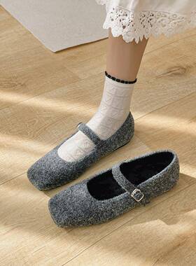 春秋法式一字带加绒平底玛丽珍鞋女新款灰色毛毛鞋外穿鞋保0206zd