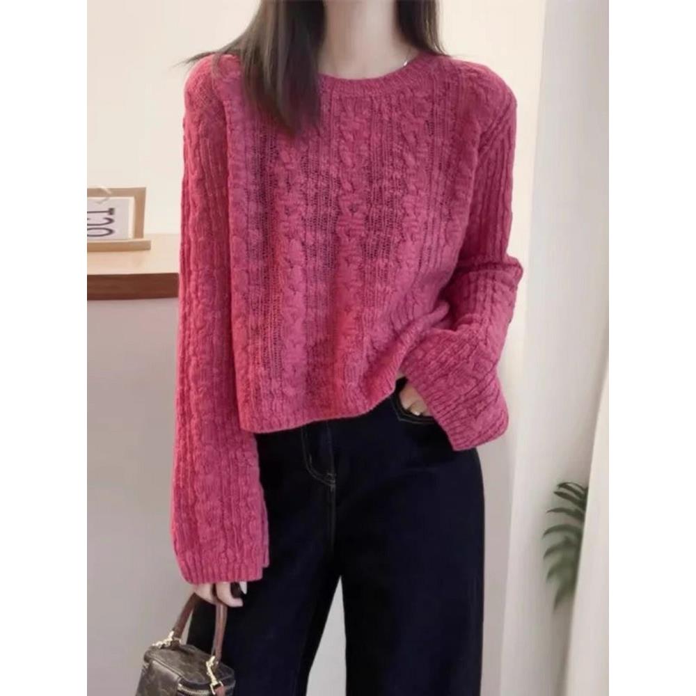 秋冬玫红色长袖针织衫女氛围感穿搭宽松毛衣套头打底衫上衣1121z