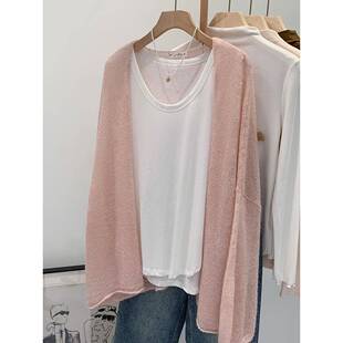 粉红色薄灯笼袖宽松懒惰针织开衫上衣妇女的夏季2026新外层0313w