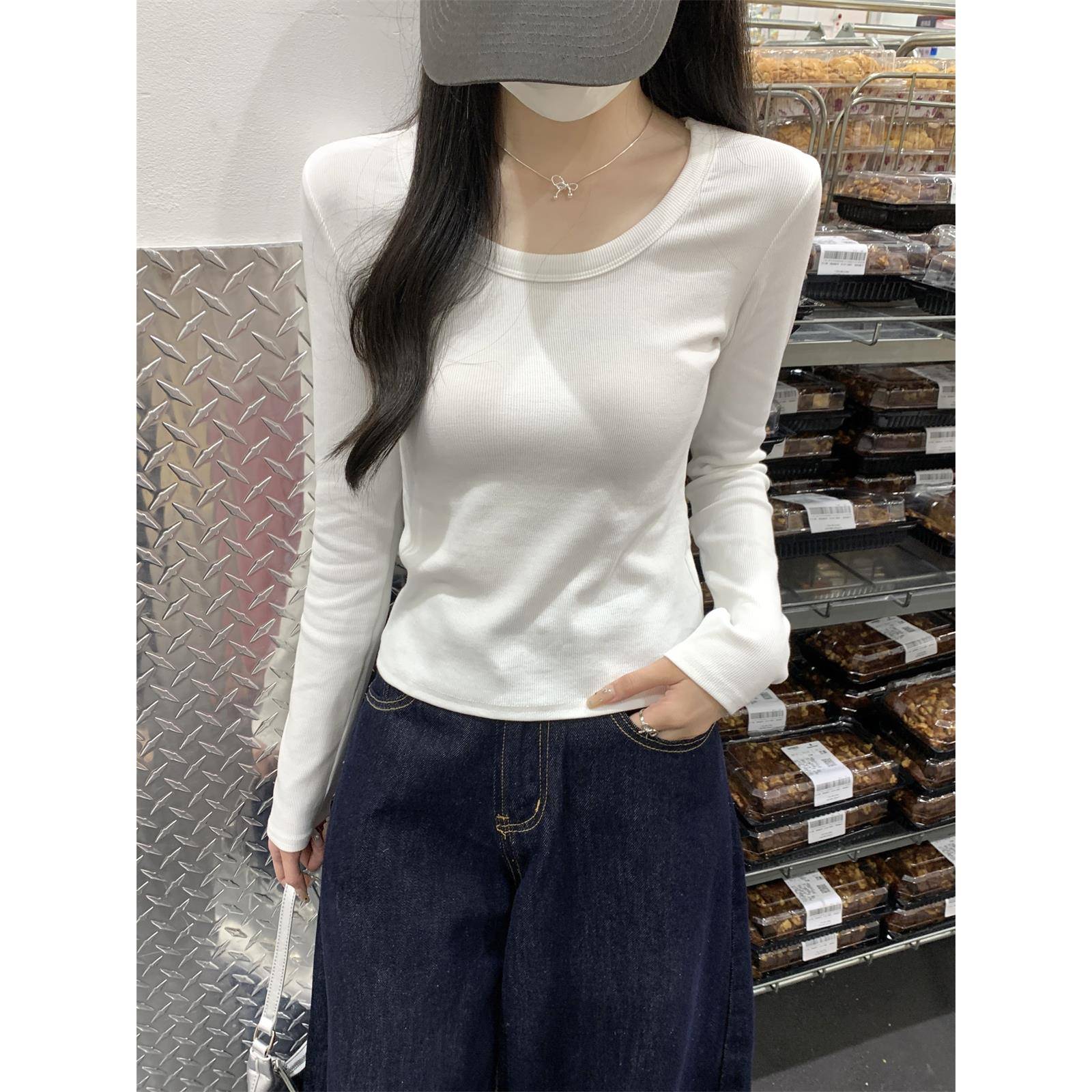 秋冬白色简约正肩长袖T恤女领修身显瘦内搭打底衫百搭短款上1211z