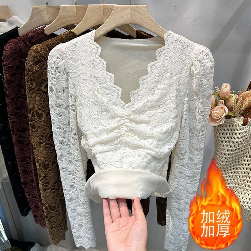 大码V领加绒加厚蕾丝打底衫2025新款气质修身显瘦内搭上衣1127k