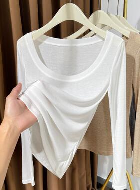 白色薄款针织长袖2026年新款春季显瘦苗条大圆领T恤冰丝0301w1