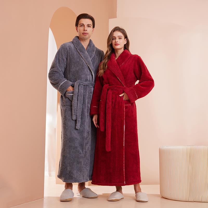 秋冬加厚睡袍男秋冬款双面加绒浴袍女长款保暖睡衣暖绒家居1009c