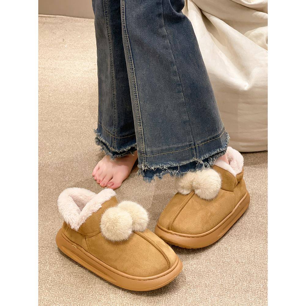 秋冬室内居家毛绒毛球拖鞋女月子厚底包跟防滑保暖鞋外穿1207z