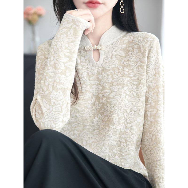 秋冬新款国风旗袍领新中式盘扣洋气打底小衫女感提花针织毛1129z