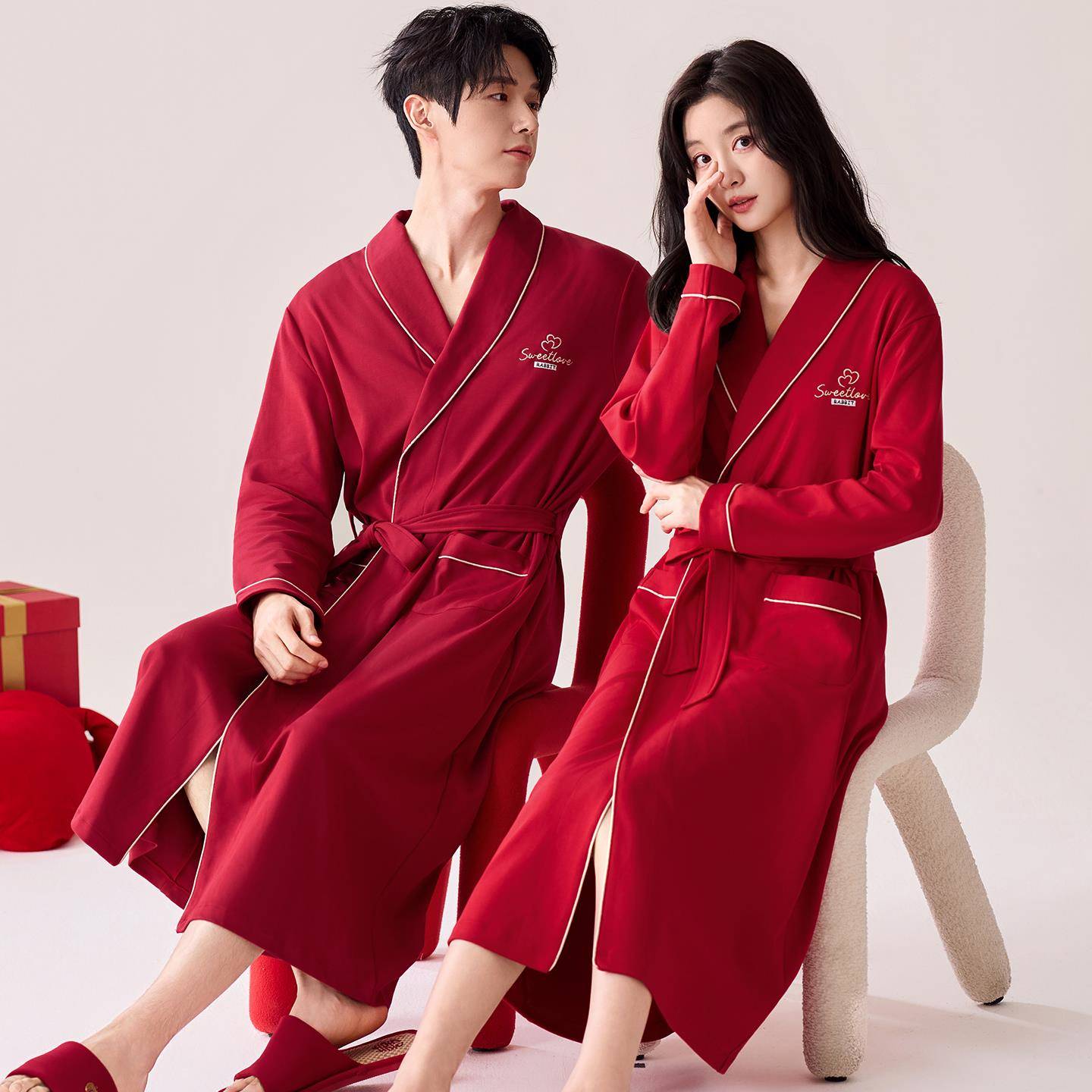 秋冬结婚新婚情侣睡衣女秋冬季浴袍2025新款本命年红色男士1009c