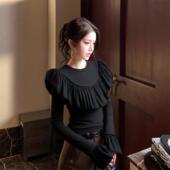 独别致黑色荷叶边拼接上衣装 2026气质感修身 百搭T恤0118k