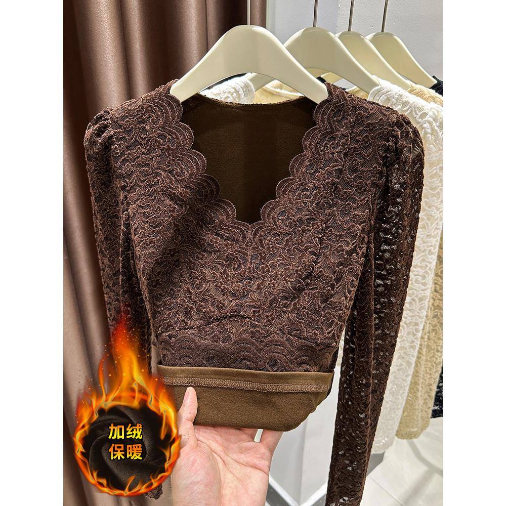 低v领长袖磨毛蕾丝打底衫女秋冬内搭加绒加厚泡泡袖显瘦网纱1124r