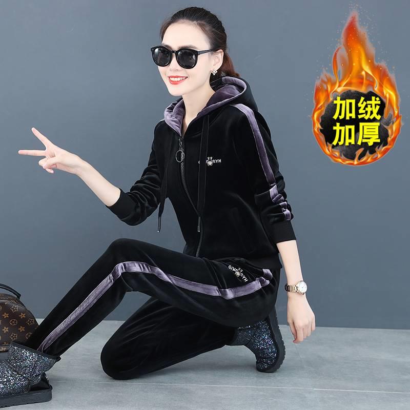 休闲运动套装女冬加绒双面金丝绒加厚时尚洋气秋冬服连帽两1107n