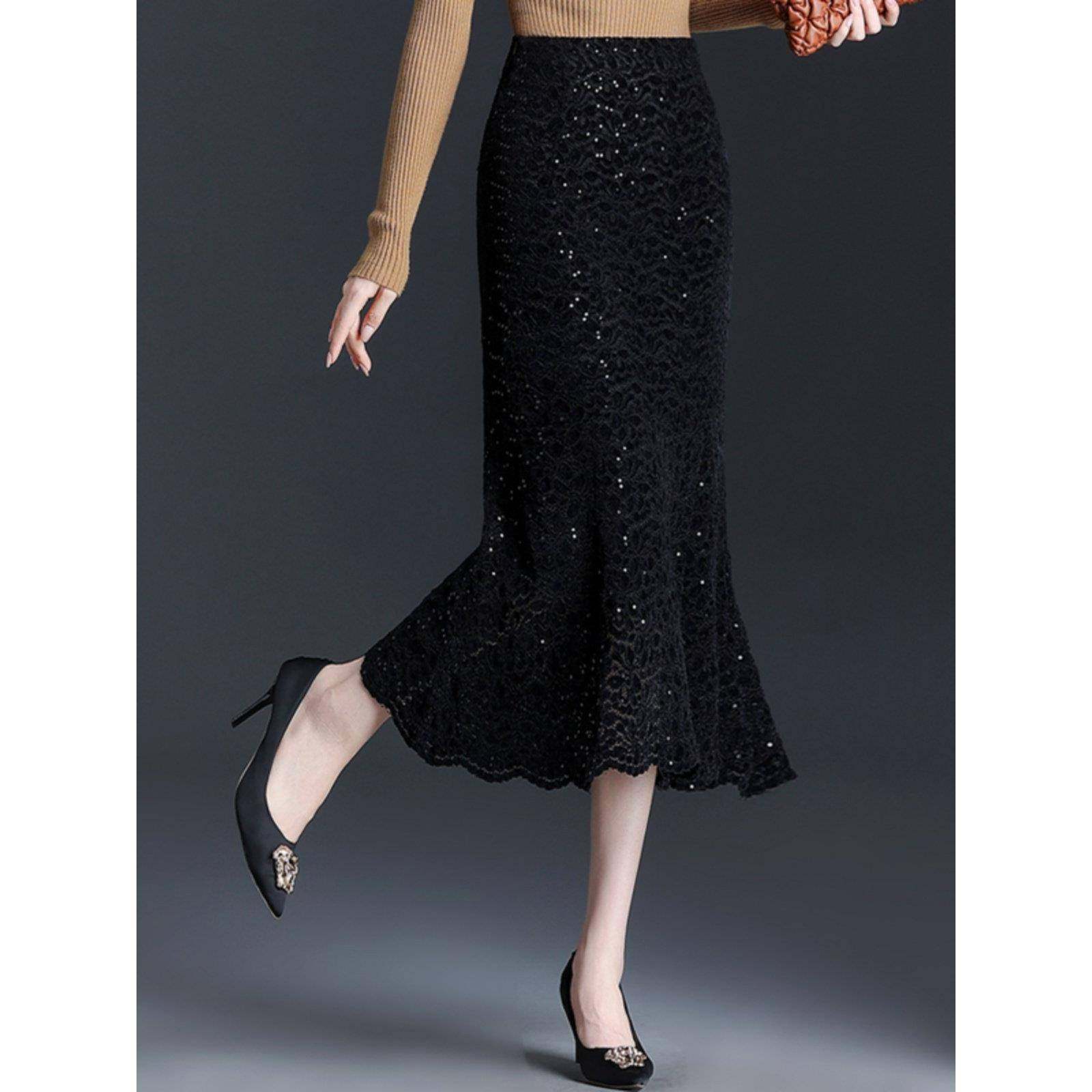 春季黑色鱼尾裙半身裙小个子显瘦气质裙子女亮片蕾丝半裙包0108z