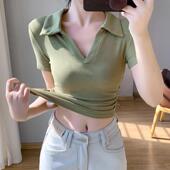韩版 气质褶皱修身 小衫 春季 感V领色短袖 t恤女Polo领打底上衣0205z
