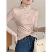 女修身 春季 T恤感高领上衣0205z 长袖 打底衫 法式 气质波点薄款