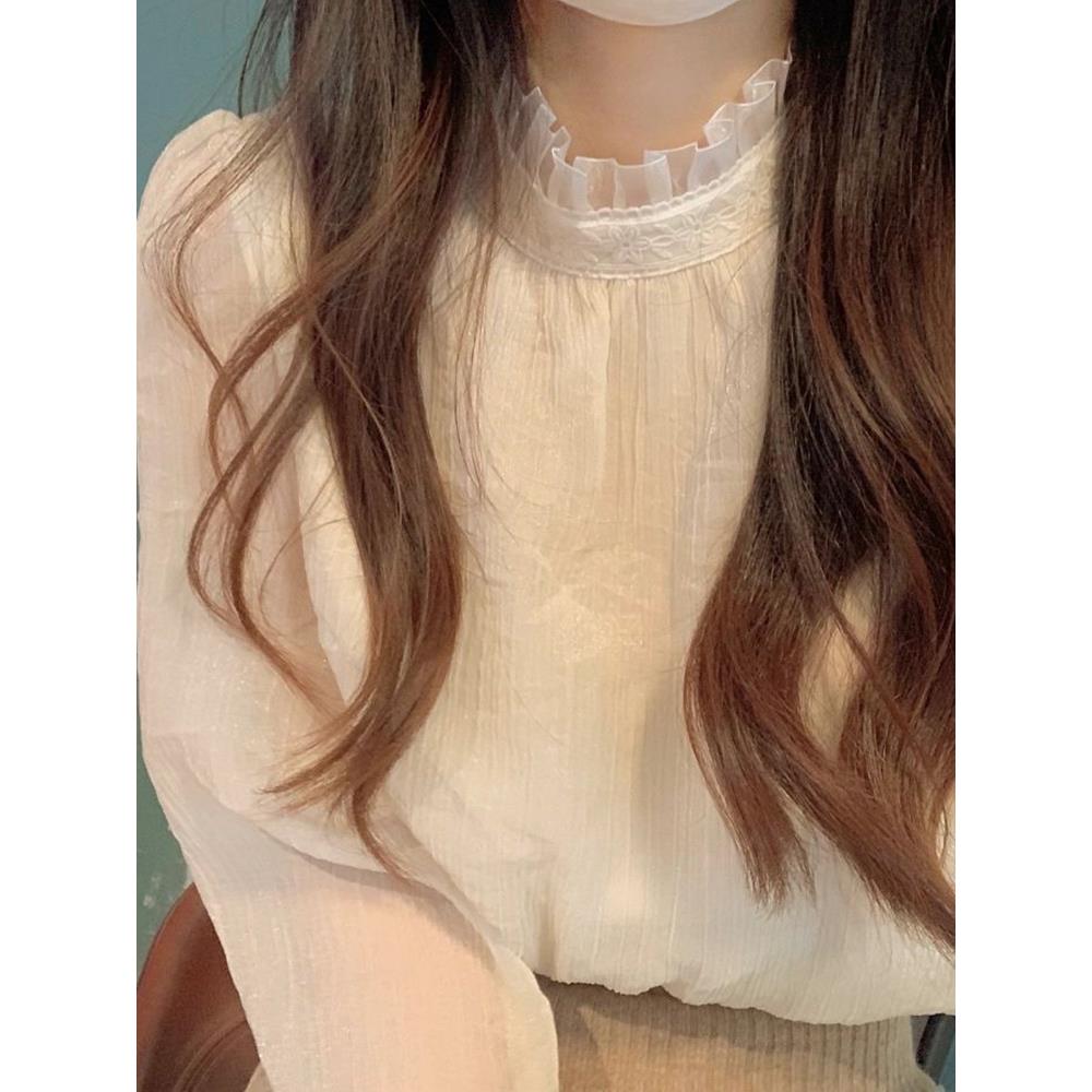 蕾丝打底衫女冬新款洋气内搭小衫宽松百搭木耳边白色网纱上1130w