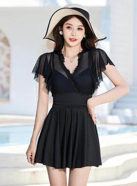 温泉女连体泳衣裙连身裙式加大码游泳衣胖mm显瘦遮肚大小胸0118k