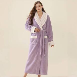 家居服保暖加厚珊瑚1009c 紫色2025新款 秋冬睡袍女士秋冬季 加长款