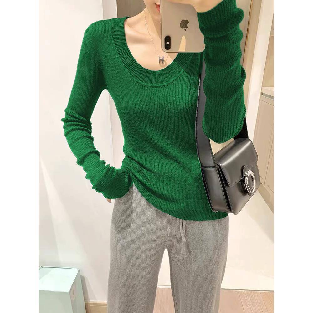 冬季欧式u领底衫新款女式修身针织衫绿色长袖内衫针织衫1128r