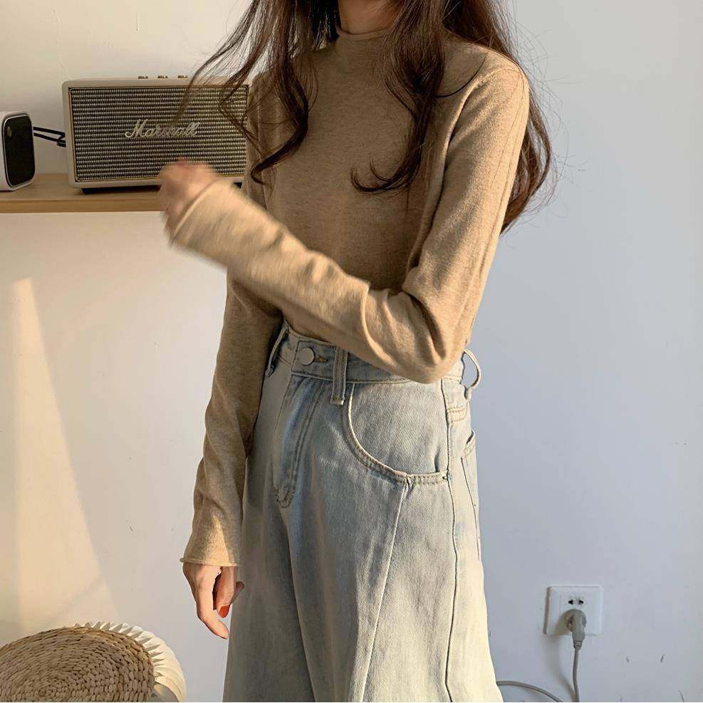 春季半高领糖果色西式毛衣配女士针织底裤衬衫慵懒风格宽0102z