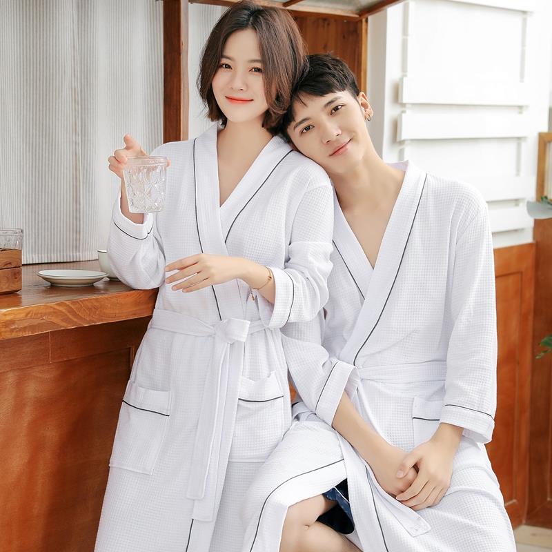 秋冬浴袍女款季棉质华夫格浴衣白色款情侣睡衣薄款男士睡袍1009c