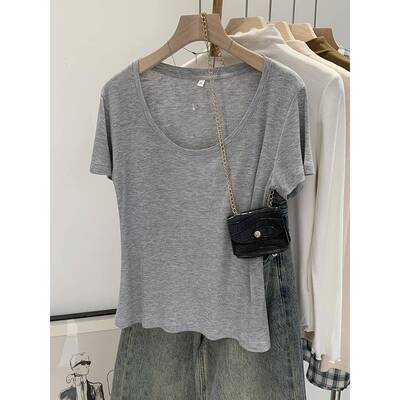 高端灰色薄u领短袖女士t恤2026夏季新款大领口宽松慵懒风格0311w
