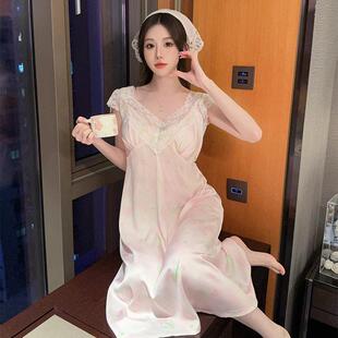 新款短袖睡裙女夏季薄款吊带蕾丝领睡衣大码收腰显瘦家居服0128z