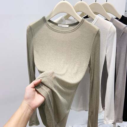 春季2026初新款圆领长袖t恤女洋气感内搭气质薄款修身罩衫0104z