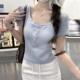 方领钮扣正肩短袖 春季 气质韩版 t恤女2026洋派蝴蝶结刺绣上衣0205z