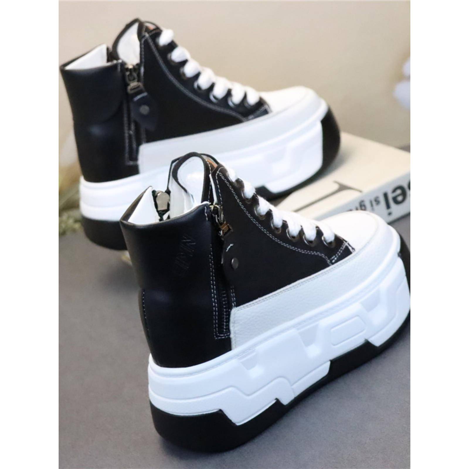 冬新款时尚高帮系带休闲小白鞋高跟10cm黑色防水大码女鞋1126w