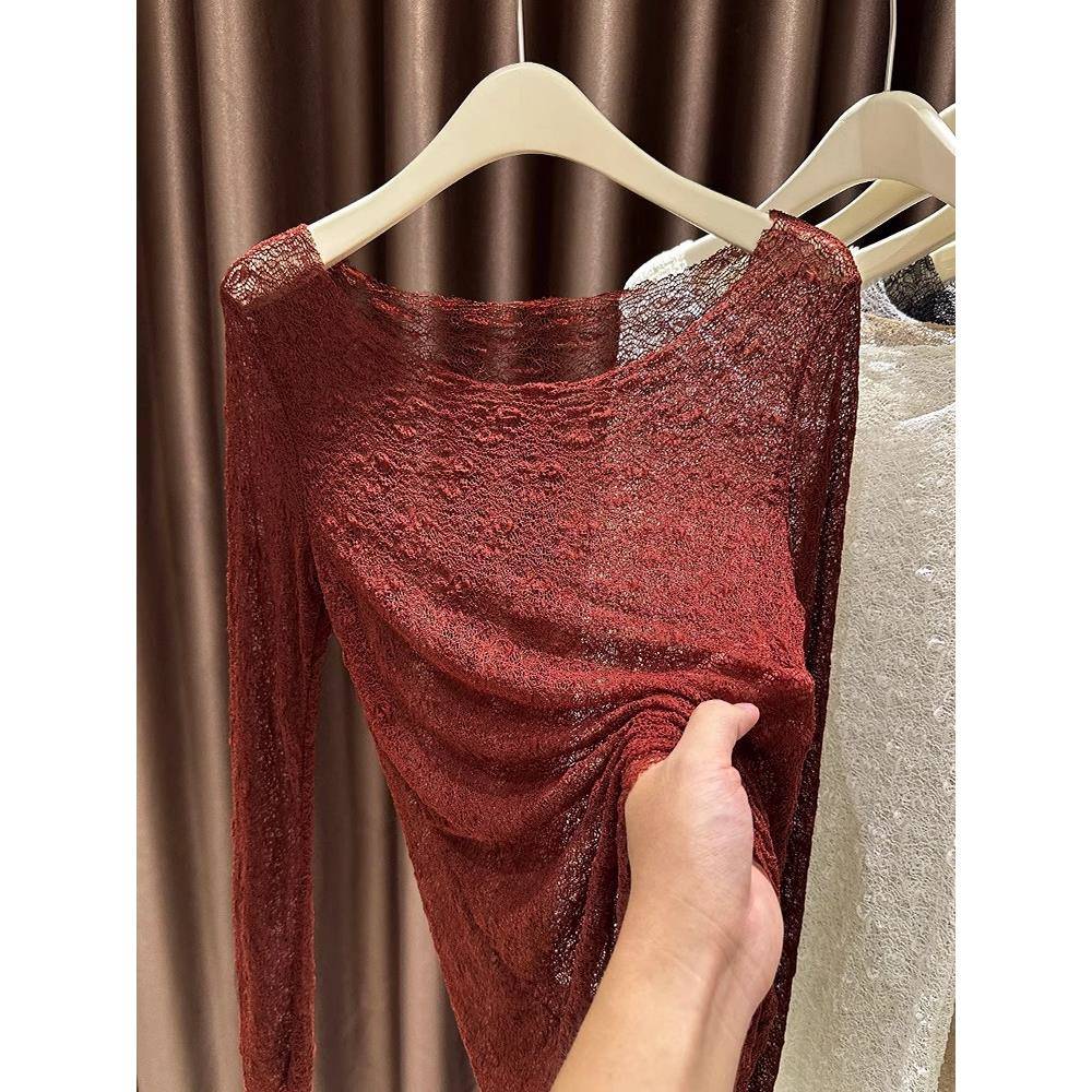 安可拉红蕾丝打底衫女大圆低领罩衫冬长袖内搭洋气T恤上衣1130w