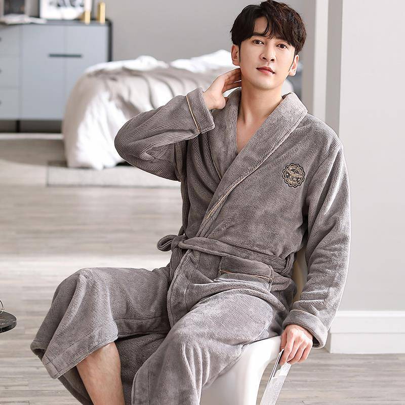 秋冬珊瑚绒睡袍男秋冬款加厚加绒冬天法兰绒中长款男士睡衣1009c