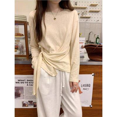 高级感绑带收腰白色罩衫长袖T恤女夏2026感不撞款上衣0311w