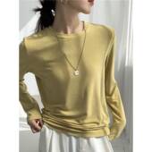 圆领色宽松修身 春季 多功能面0205z 色女底衬衫 韩式 柔软 蜡质长袖