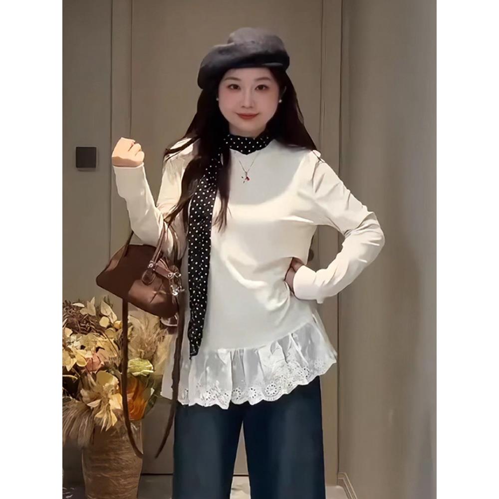 蕾丝花边白色内搭打底衫女2025新款冬胖MM遮肉显瘦上衣正肩T1126w