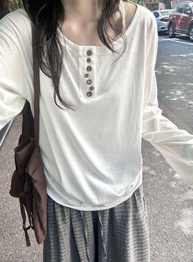 白色长袖T恤女早韩版宽松打底衫内搭可外穿纽扣上衣体恤0206zd