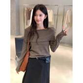 韩系巨好看感条纹一字肩上衣春感i别致长袖 T恤0118k