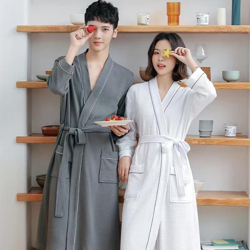 秋冬浴袍女款季华夫格中长款情侣睡衣薄款天男士睡袍1009c