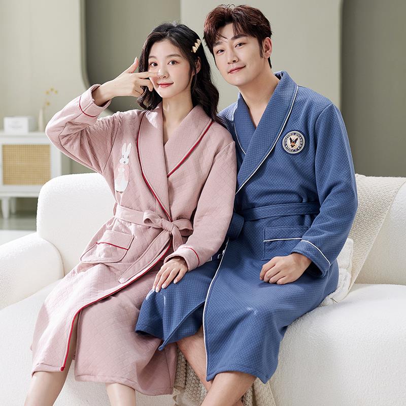 秋冬情侣睡袍女秋季中长款薄夹棉男士睡衣秋冬加厚浴袍大衣1009c