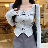 春季 洋派辣妹蝴蝶结方领开叉长袖 T恤女2026心机褶皱收腰打底0205z