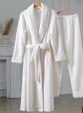 秋冬睡袍女秋冬季加长款法兰绒加绒白色家居服男睡衣珊瑚绒1009c