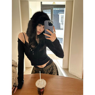 FYFTHX 辣妹风黑色蕾丝针织T恤女秋冬修身长袖内搭性感上衣两件套