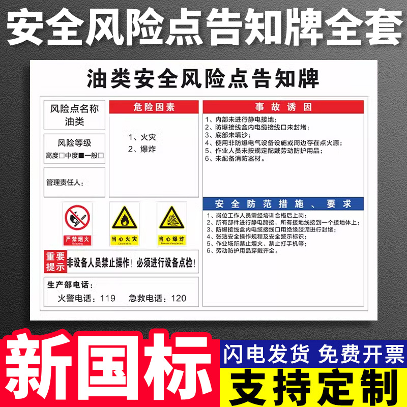 油类安全风险点告知牌卡岗位警示标示建筑工地施工现场工厂车间机