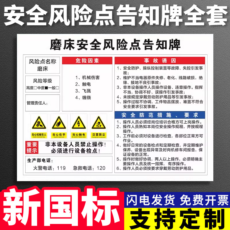 磨床安全风险点告知牌卡岗位警示标示建筑工地施工现场工厂车间机