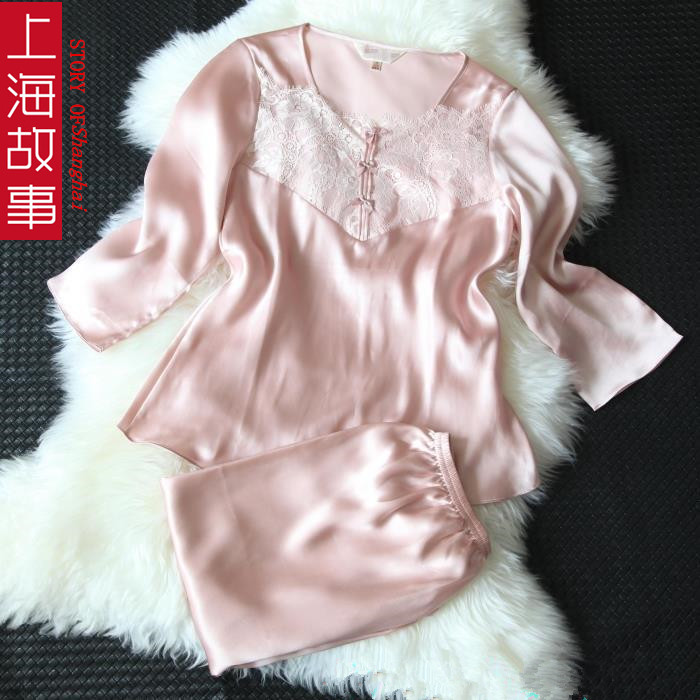 赠送礼盒上海故事桑蚕丝真丝睡衣套装女夏秋季真丝睡衣家居服两件