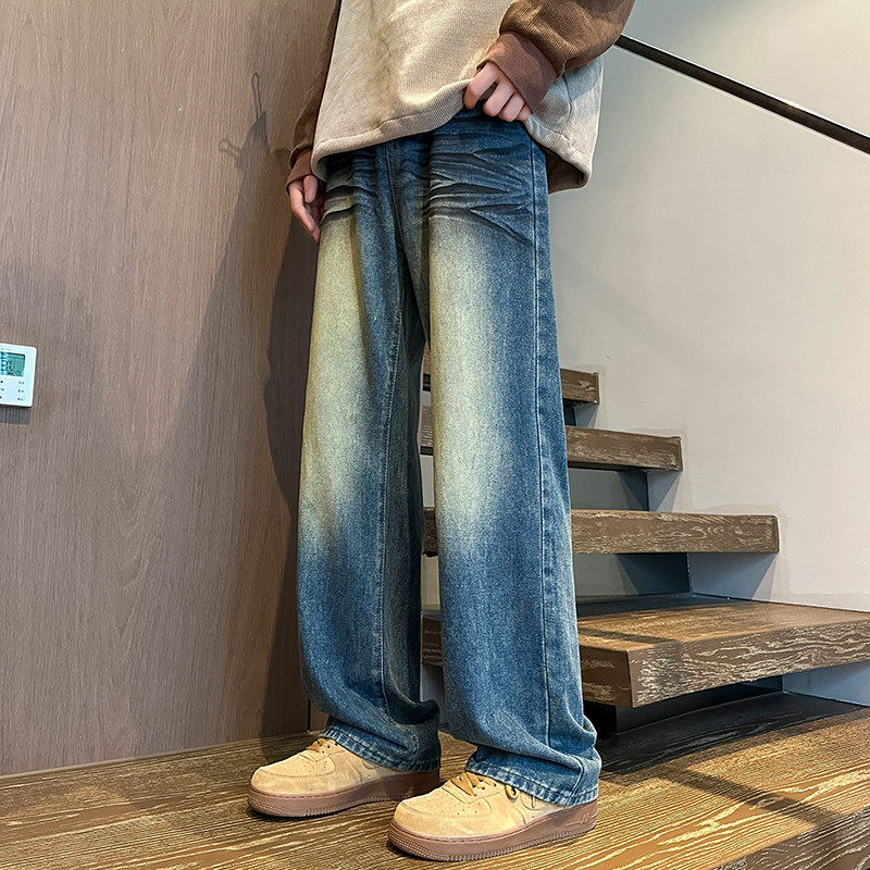 美式复古水洗做旧牛仔裤男秋季高街宽松阔腿裤A166-N548-P50控85图片