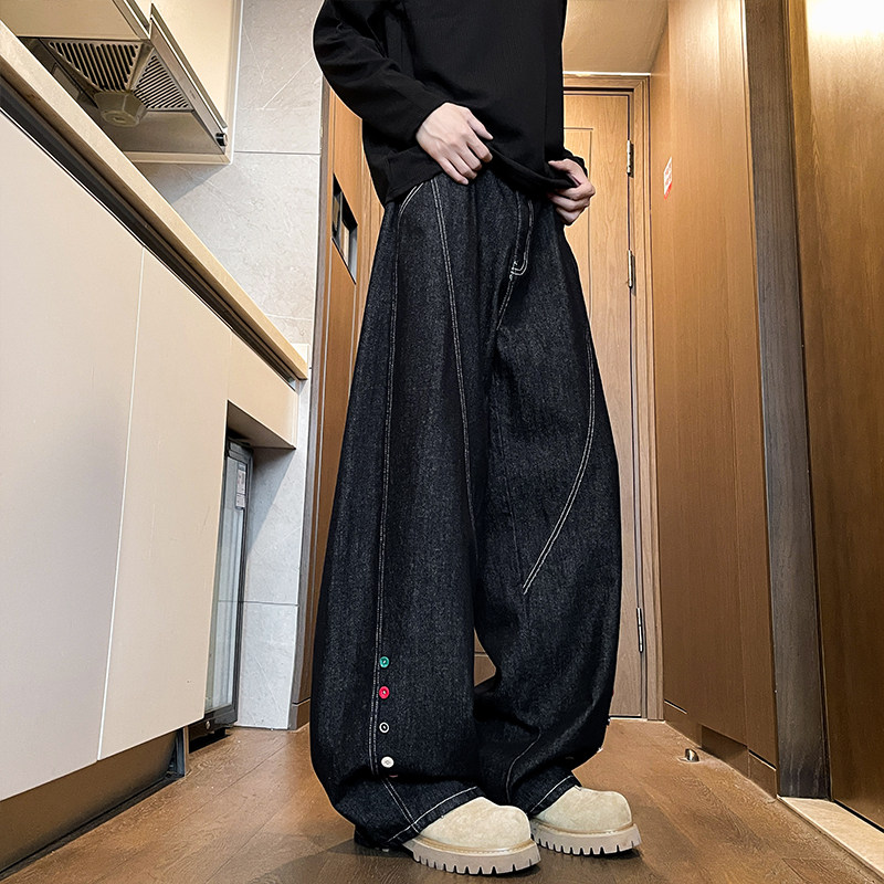 彩色纽扣弯刀牛仔裤男垂感休闲宽松阔腿裤子A166-NA5815-P75控138,男装牛仔裤,电商A166